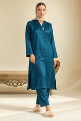 Teal Shamoz silk frock-style suit front view